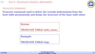 5/9/2024
Dr.B.Muruganantham
Associate Professor / CTech
10
TRUNCATE COMMAND
Truncate command used to delete the records (information) from the
base table permanently and keeps the structure of the base table alone
Syntax:
TRUNCATE TABLE table_name;
Example:
TRUNCATE TABLE emp;
S-1 SLO-2 : Structure Creation, alternation
 