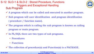 Sub Program
 A program which can be called and executed in another program.
 Sub program will user identification and program identification
( procedure / function name).
 The program which is calling the sub program is known as calling
program or main program.
 In PL/SQL there are two types of sub programs.
• Procedures
• Functions
 The collection of procedure(s) and Function(s) is a PACKAGE.
09-05-2024
Dr.B.Muruganantham
Associate Professor / C.Tech
106
S-12 SLO-1 & SLO-2 : Stored Procedure, Functions
Triggers and Exceptional Handling
 
