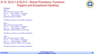 Output
SQL> /
Enter value for empno: 7499
old 6: emp_number := &empno;
new 6: emp_number := 7499;
Employee name is ALLEN
PL/SQL procedure successfully completed.
SQL> /
Enter value for empno: 900
old 6: emp_number := &empno;
new 6: emp_number := 900;
Employee number 900 is out of range.
PL/SQL procedure successfully completed.
SQL> /
Enter value for empno: 10000
old 6: emp_number := &empno;
new 6: emp_number := 10000;
Employee number 10000 is out of range.
PL/SQL procedure successfully completed.
09-05-2024
Dr.B.Muruganantham
Associate Professor / C.Tech
128
S-12 SLO-1 & SLO-2 : Stored Procedure, Functions
Triggers and Exceptional Handling
 