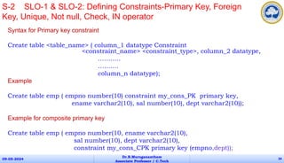 Syntax for Primary key constraint
Create table <table_name> ( column_1 datatype Constraint
<constraint_name> <constraint_type>, column_2 datatype,
………..
……….
column_n datatype);
Example
Create table emp ( empno number(10) constraint my_cons_PK primary key,
ename varchar2(10), sal number(10), dept varchar2(10));
Example for composite primary key
Create table emp ( empno number(10, ename varchar2(10),
sal number(10), dept varchar2(10),
constraint my_cons_CPK primary key (empno,dept));
09-05-2024
Dr.B.Muruganantham
Associate Professor / C.Tech
34
S-2 SLO-1 & SLO-2: Defining Constraints-Primary Key, Foreign
Key, Unique, Not null, Check, IN operator
 