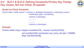 Syntax for Check Constraint
Create table <table_name> ( column_1 datatype Constraint <constraint_name>
<constraint_type> (condition),
column_2 datatype,
………..
……….
column_n datatype);
Example
Create table emp ( empno number(10) , ename varchar2(10),
sal number(10) constraint my_cons_ck (sal >10000)
dept varchar2(10));
09-05-2024
Dr.B.Muruganantham
Associate Professor / C.Tech
39
S-2 SLO-1 & SLO-2: Defining Constraints-Primary Key, Foreign
Key, Unique, Not null, Check, IN operator
 