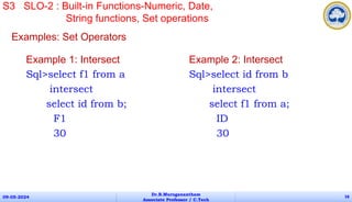 Example 1: Intersect
Sql>select f1 from a
intersect
select id from b;
F1
30
09-05-2024
Dr.B.Muruganantham
Associate Professor / C.Tech
58
S3 SLO-2 : Built-in Functions-Numeric, Date,
String functions, Set operations
Examples: Set Operators
Example 2: Intersect
Sql>select id from b
intersect
select f1 from a;
ID
30
 