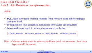 Joins
 SQL Joins are used to fetch records from two are more tables using a
common field.
 To implement join condition minimum two tables are required
 Join conditions used in where clause as given below
Note : Column name used in where condition need not to same , but data
type should be same.
09-05-2024
Dr.B.Muruganantham
Associate Professor / C.Tech
60
S 4-5 SLO-1 & SLO-2 :
Lab 7 : Join Queries on sample exercise.
<Table_Name1> . <Column_name> = <Table_Name1> . <Column_name>
 