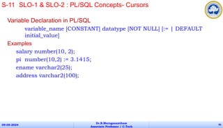 Variable Declaration in PL/SQL
variable_name [CONSTANT] datatype [NOT NULL] [:= | DEFAULT
initial_value]
Examples
salary number(10, 2);
pi number(10,2) := 3.1415;
ename varchar2(25);
address varchar2(100);
09-05-2024
Dr.B.Muruganantham
Associate Professor / C.Tech
95
S-11 SLO-1 & SLO-2 : PL/SQL Concepts- Cursors
 