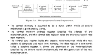  The control memory is assumed to be a ROM, within which all control
information is permanently stored.
 The control memory address register specifies the address of the
microinstruction, and the control data register holds the microinstruction read
from memory.
 The control data register holds the present microinstruction while the next
address is computed and read from memory. The data register is sometimes
called a pipeline register. It allows the execution of the microoperations
specified by the control word simultaneously with the generation of the next
microinstruction.
 