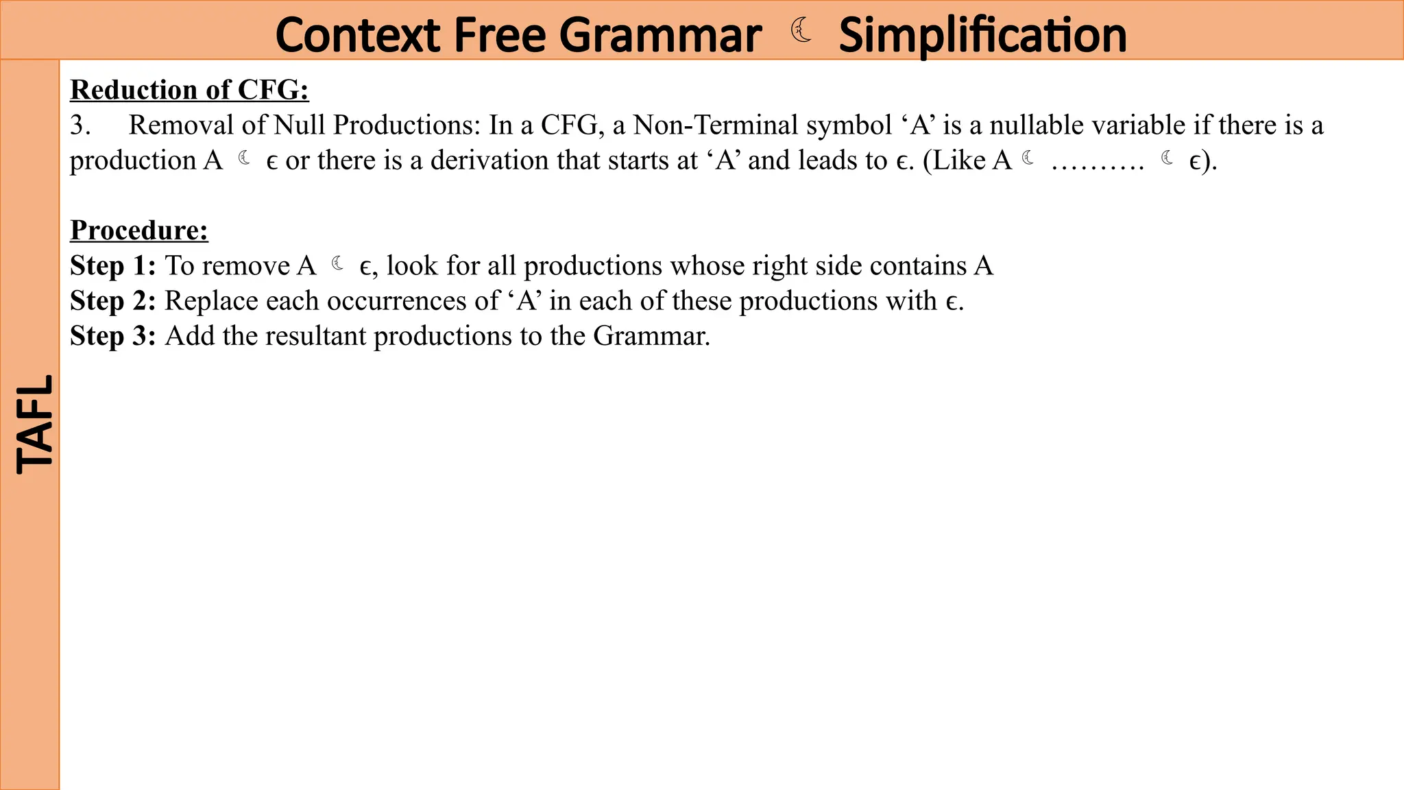 Context Free Grammar  Simplification
TAFL
Reduction of CFG:
3. Removal of Null Productions: In a CFG, a Non-Terminal symbol ‘A’ is a nullable variable if there is a
production A  ϵ or there is a derivation that starts at ‘A’ and leads to ϵ. (Like A ……….  ϵ).
Procedure:
Step 1: To remove A  ϵ, look for all productions whose right side contains A
Step 2: Replace each occurrences of ‘A’ in each of these productions with ϵ.
Step 3: Add the resultant productions to the Grammar.
 