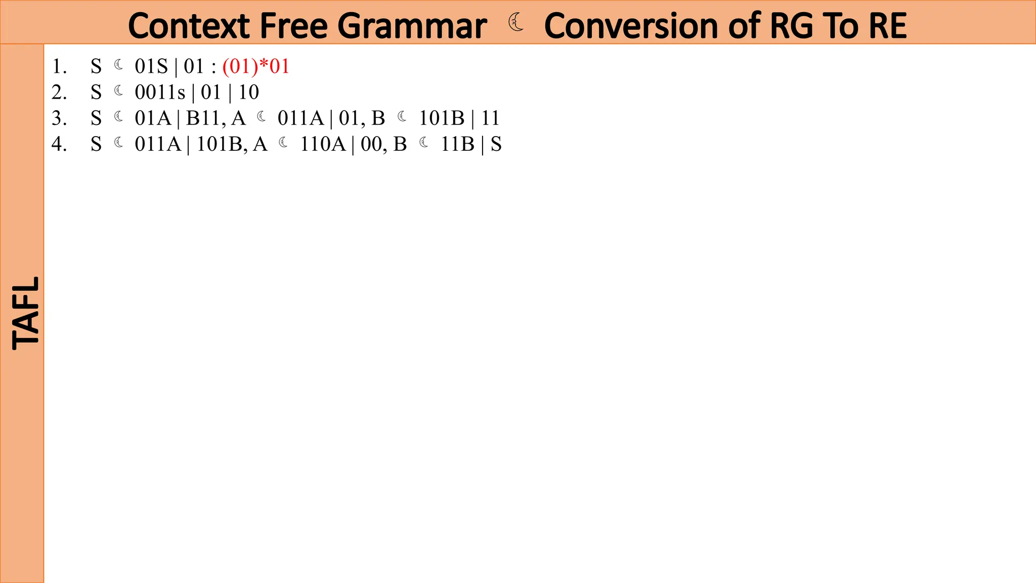 Context Free Grammar  Conversion of RG To RE
TAFL
1. S  01S | 01 : (01)*01
2. S  0011s | 01 | 10
3. S  01A | B11, A  011A | 01, B  101B | 11
4. S  011A | 101B, A  110A | 00, B  11B | S
 