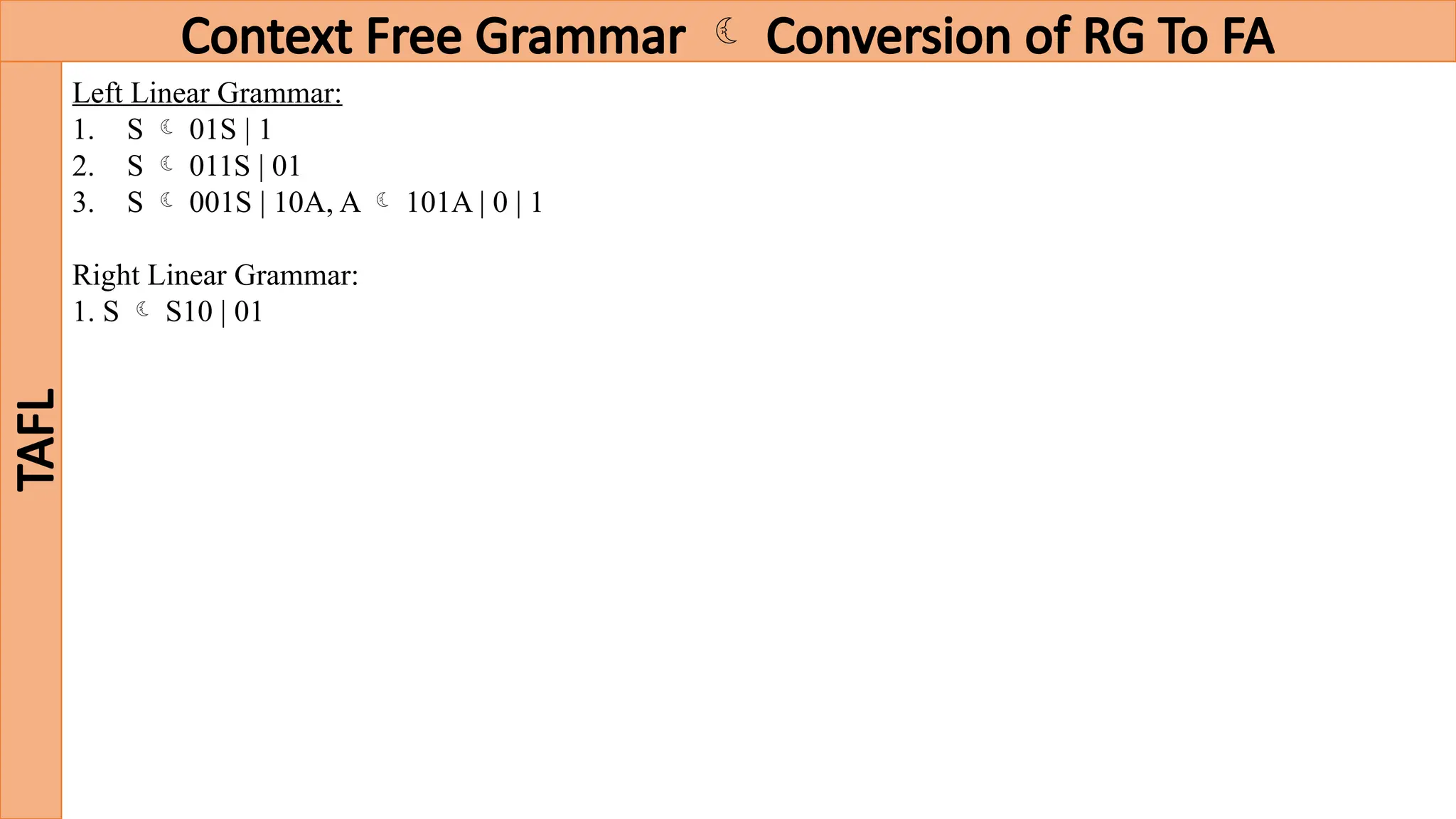 Context Free Grammar  Conversion of RG To FA
TAFL
Left Linear Grammar:
1. S  01S | 1
2. S  011S | 01
3. S  001S | 10A, A  101A | 0 | 1
Right Linear Grammar:
1. S  S10 | 01
 