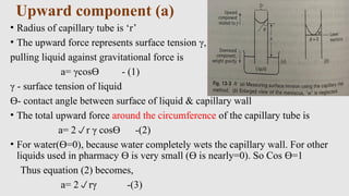 Upward component (a)
• Radius of capillary tube is ‘r’
• The upward force represents surface tension γ,
pulling liquid against gravitational force is
a= γcosϴ - (1)
γ - surface tension of liquid
ϴ- contact angle between surface of liquid & capillary wall
• The total upward force around the circumference of the capillary tube is
a= 2r γ cosϴ -(2)
• For water(ϴ=0), because water completely wets the capillary wall. For other
liquids used in pharmacy ϴ is very small (ϴ is nearly=0). So Cos ϴ=1
Thus equation (2) becomes,
a= 2rγ -(3)
 