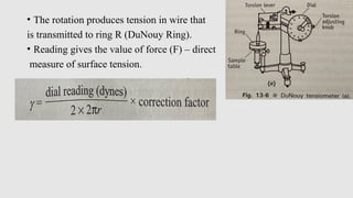 • The rotation produces tension in wire that
is transmitted to ring R (DuNouy Ring).
• Reading gives the value of force (F) – direct
measure of surface tension.
 