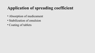 Application of spreading coefficient
• Absorption of medicament
• Stabilization of emulsion
• Coating of tablets
 