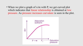 • When we plot a graph of x/m with P, we get curved plot
which indicates that linear relationship is obtained at low
pressure. As pressure increases curvature is seen in the plot.
 