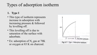 Types of adsorption isotherm
1. Type I
• This type of isotherm represents
increase in adsorption with
increasing pressure & followed
by levelling off.
• This levelling off is due to
saturation of the surface with
adsorbate.
• Ex: adsorption of N2 gas at 78K
or oxygen at 83 K on charcoal.
 