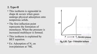 2. Type-II
• This isotherm is sigmoidal in
shape & occurs when gases
undergo physical adsorption onto
nonporous solids.
• The first inflection point
represents the formation of
monolayer, When the pressure is
increased multilayer is formed.
• This isotherm is explained by
BET equation.
• Ex: Adsorption of N2 on
iron/platinum at 78K.
 