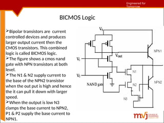 Engineered for Tomorrow
Engineered for
Tomorrow
BICMOS Logic
Bipolar transistors are current
controlled devices and produces
larger output current then the
CMOS transistors. This combined
logic is called BICMOS logic.
The figure shows a cmos nand
gate with NPN transistors at both
level.
The N1 & N2 supply current to
the base of the NPN2 transistor
when the out put is high and hence
the it can pull it down with larger
speed.
When the output is low N3
clamps the base current to NPN2,
P1 & P2 supply the base current to
NPN1.
 