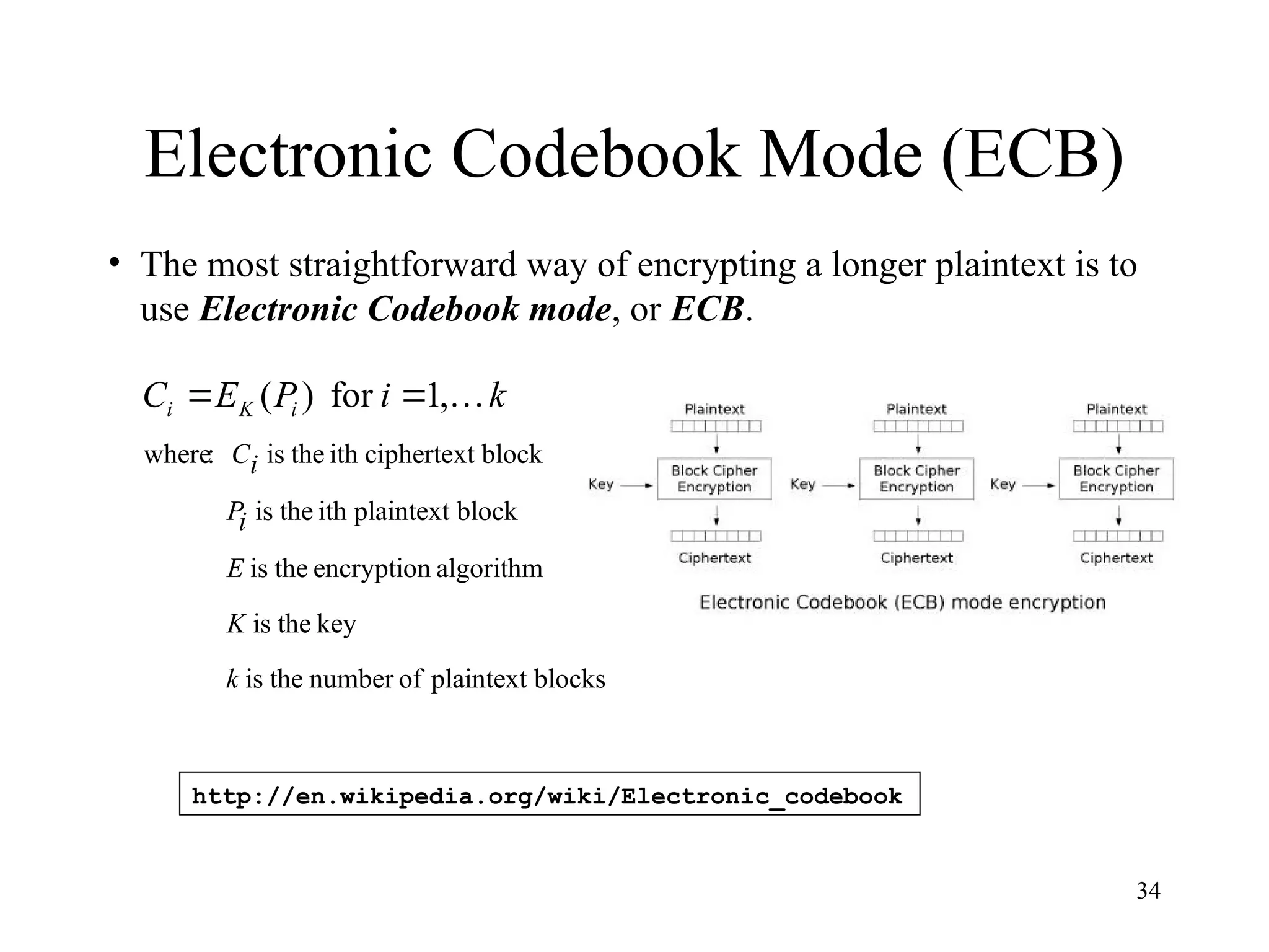34
Electronic Codebook Mode (ECB)
• The most straightforward way of encrypting a longer plaintext is to
use Electronic Codebook mode, or ECB.
blocks
plaintext
of
number
the
is
key
the
is
algorithm
encryption
the
is
block
plaintext
ith
the
is
block
ciphertext
ith
the
is
:
where
,
1
for
)
(
k
K
E
i
P
i
C
k
i
P
E
C i
K
i 


http://en.wikipedia.org/wiki/Electronic_codebook
 
