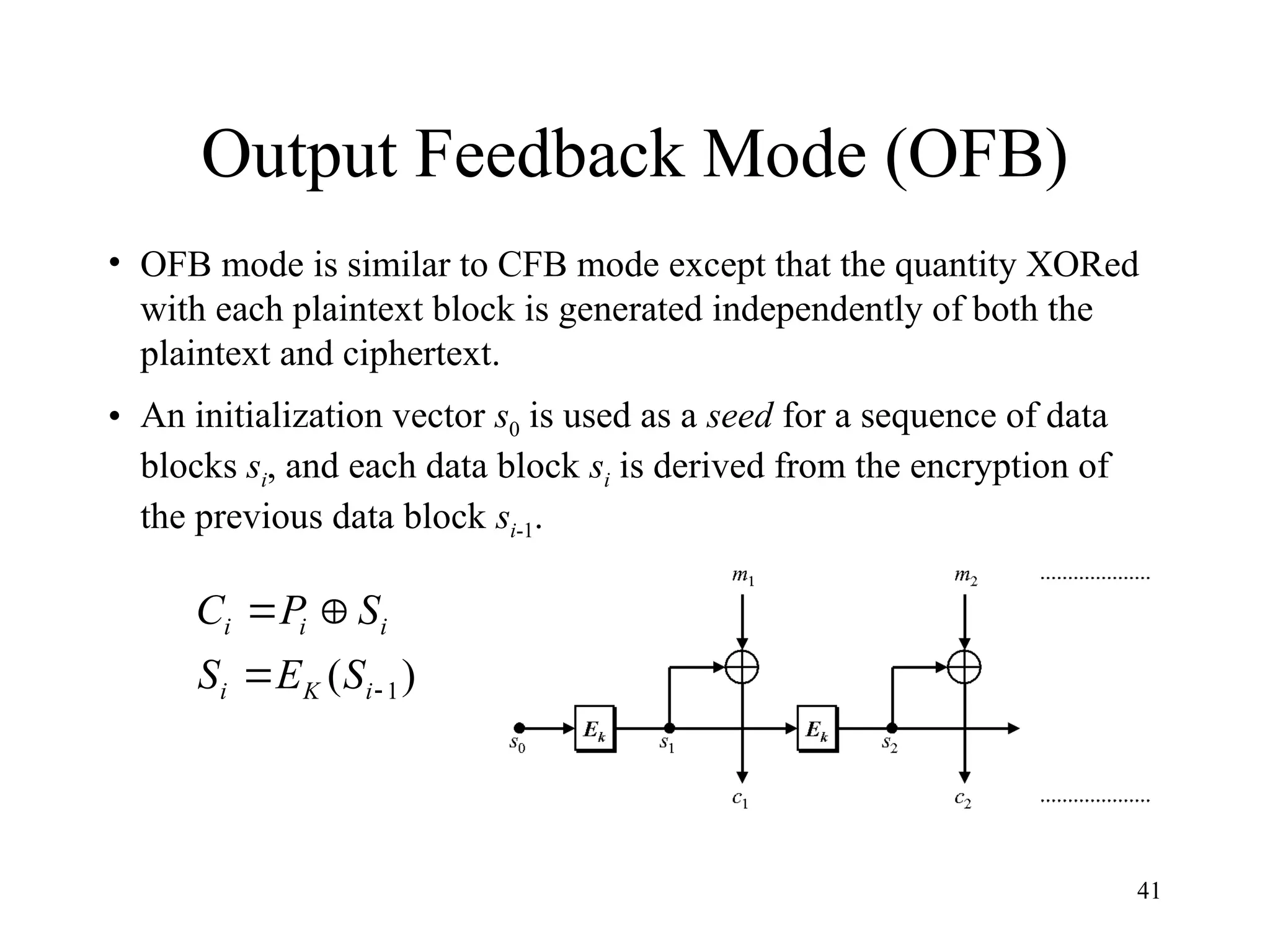 41
Output Feedback Mode (OFB)
• OFB mode is similar to CFB mode except that the quantity XORed
with each plaintext block is generated independently of both the
plaintext and ciphertext.
• An initialization vector s0 is used as a seed for a sequence of data
blocks si, and each data block si is derived from the encryption of
the previous data block si-1.
)
( 1




i
K
i
i
i
i
S
E
S
S
P
C
 