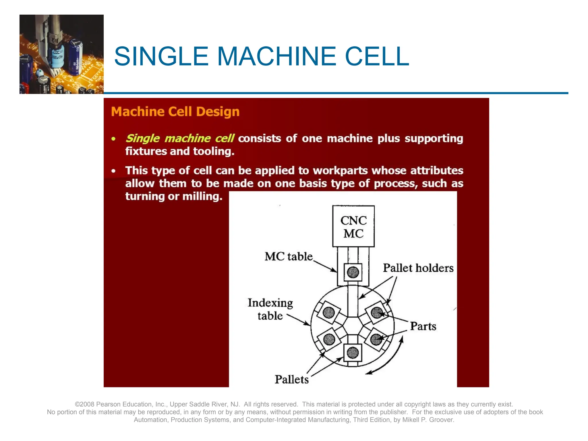 SINGLE MACHINE CELL
©2008 Pearson Education, Inc., Upper Saddle River, NJ. All rights reserved. This material is protected under all copyright laws as they currently exist.
No portion of this material may be reproduced, in any form or by any means, without permission in writing from the publisher. For the exclusive use of adopters of the book
Automation, Production Systems, and Computer-Integrated Manufacturing, Third Edition, by Mikell P. Groover.
 