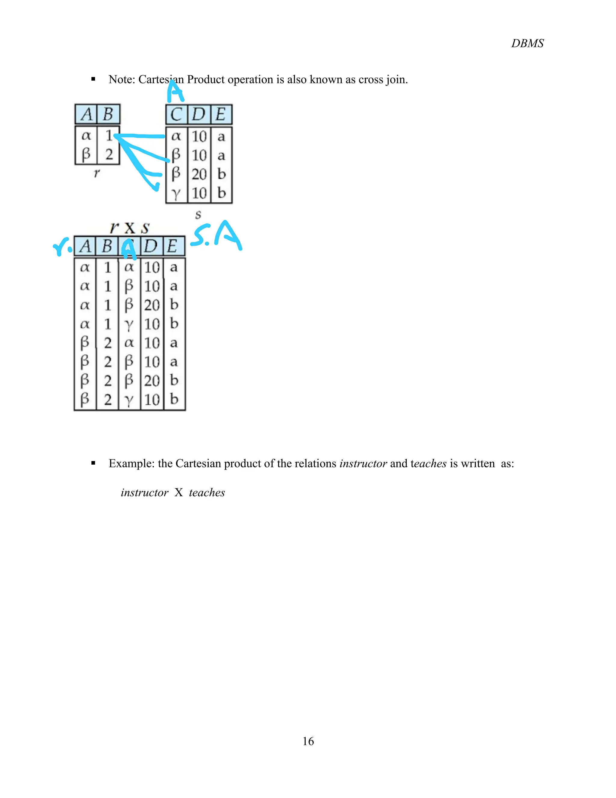 DBMS
16
§ Note: Cartesian Product operation is also known as cross join.
§ Example: the Cartesian product of the relations instructor and teaches is written as:
instructor X teaches
 