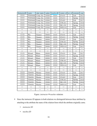 DBMS
18
Figure: instructor × teaches relations
§ Since the instructor ID appears in both relations we distinguish between these attribute by
attaching to the attribute the name of the relation from which the attribute originally came.
• instructor.ID
• teaches.ID
 