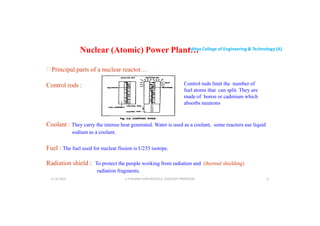 Aditya College of Engineering & Technology (A)
Nuclear (Atomic) Power Plant…
Principal parts of a nuclear reactor…
Control rods : Control rods limit the number of
fuel atoms that can split. They are
Coolant : They carry the intense heat generated. Water is used as a coolant, some reactors use liquid
sodium as a coolant.
fuel atoms that can split. They are
made of boron or cadmium which
absorbs neutrons
U P KUMAR CHATURVEDULA ASSOCIATE PROFESSOR 11
Fuel : The fuel used for nuclear fission is U235 isotope.
Radiation shield : To protect the people working from radiation and (thermal shielding)
radiation fragments.
17-10-2024
 