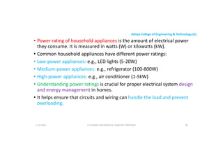 Aditya College of Engineering & Technology (A)
• Power rating of household appliances is the amount of electrical power
they consume. It is measured in watts (W) or kilowatts (kW).
• Common household appliances have different power ratings:
• Low-power appliances: e.g., LED lights (5-20W)
• Low-power appliances: e.g., LED lights (5-20W)
• Medium-power appliances: e.g., refrigerator (100-800W)
• High-power appliances: e.g., air conditioner (1-5kW)
• Understanding power ratings is crucial for proper electrical system design
and energy management in homes.
• It helps ensure that circuits and wiring can handle the load and prevent
• It helps ensure that circuits and wiring can handle the load and prevent
overloading.
U P KUMAR CHATURVEDULA ASSOCIATE PROFESSOR 48
17-10-2024
 