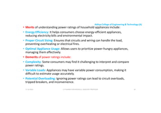 Aditya College of Engineering & Technology (A)
• Merits of understanding power ratings of household appliances include:
• Energy Efficiency: It helps consumers choose energy-efficient appliances,
reducing electricity bills and environmental impact.
• Proper Circuit Sizing: Ensures that circuits and wiring can handle the load,
preventing overheating or electrical fires.
preventing overheating or electrical fires.
• Optimal Appliance Usage: Allows users to prioritize power-hungry appliances,
managing them effectively.
• Demerits of power ratings include:
• Complexity: Some consumers may find it challenging to interpret and compare
power ratings.
• Variable Loads: Appliances may have variable power consumption, making it
• Variable Loads: Appliances may have variable power consumption, making it
difficult to estimate usage accurately.
• Potential Overloading: Ignoring power ratings can lead to circuit overloads,
tripped breakers, and inconvenience.
U P KUMAR CHATURVEDULA ASSOCIATE PROFESSOR 54
17-10-2024
 