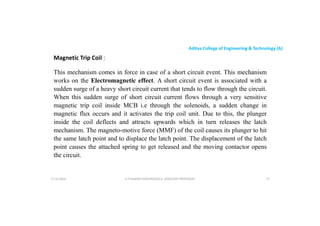 Aditya College of Engineering & Technology (A)
Magnetic Trip Coil :
This mechanism comes in force in case of a short circuit event. This mechanism
works on the Electromagnetic effect. A short circuit event is associated with a
sudden surge of a heavy short circuit current that tends to flow through the circuit.
sudden surge of a heavy short circuit current that tends to flow through the circuit.
When this sudden surge of short circuit current flows through a very sensitive
magnetic trip coil inside MCB i.e through the solenoids, a sudden change in
magnetic flux occurs and it activates the trip coil unit. Due to this, the plunger
inside the coil deflects and attracts upwards which in turn releases the latch
mechanism. The magneto-motive force (MMF) of the coil causes its plunger to hit
the same latch point and to displace the latch point. The displacement of the latch
the same latch point and to displace the latch point. The displacement of the latch
point causes the attached spring to get released and the moving contactor opens
the circuit.
U P KUMAR CHATURVEDULA ASSOCIATE PROFESSOR 77
17-10-2024
 