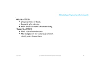 Aditya College of Engineering & Technology (A)
•Merits of MCB:
• Quick response to faults.
• Reusable after tripping.
• More precise in terms of current rating.
• More precise in terms of current rating.
•Demerits of MCB:
• More expensive than fuses.
• May not provide the same level of short-
circuit protection as fuses.
U P KUMAR CHATURVEDULA ASSOCIATE PROFESSOR 80
17-10-2024
 