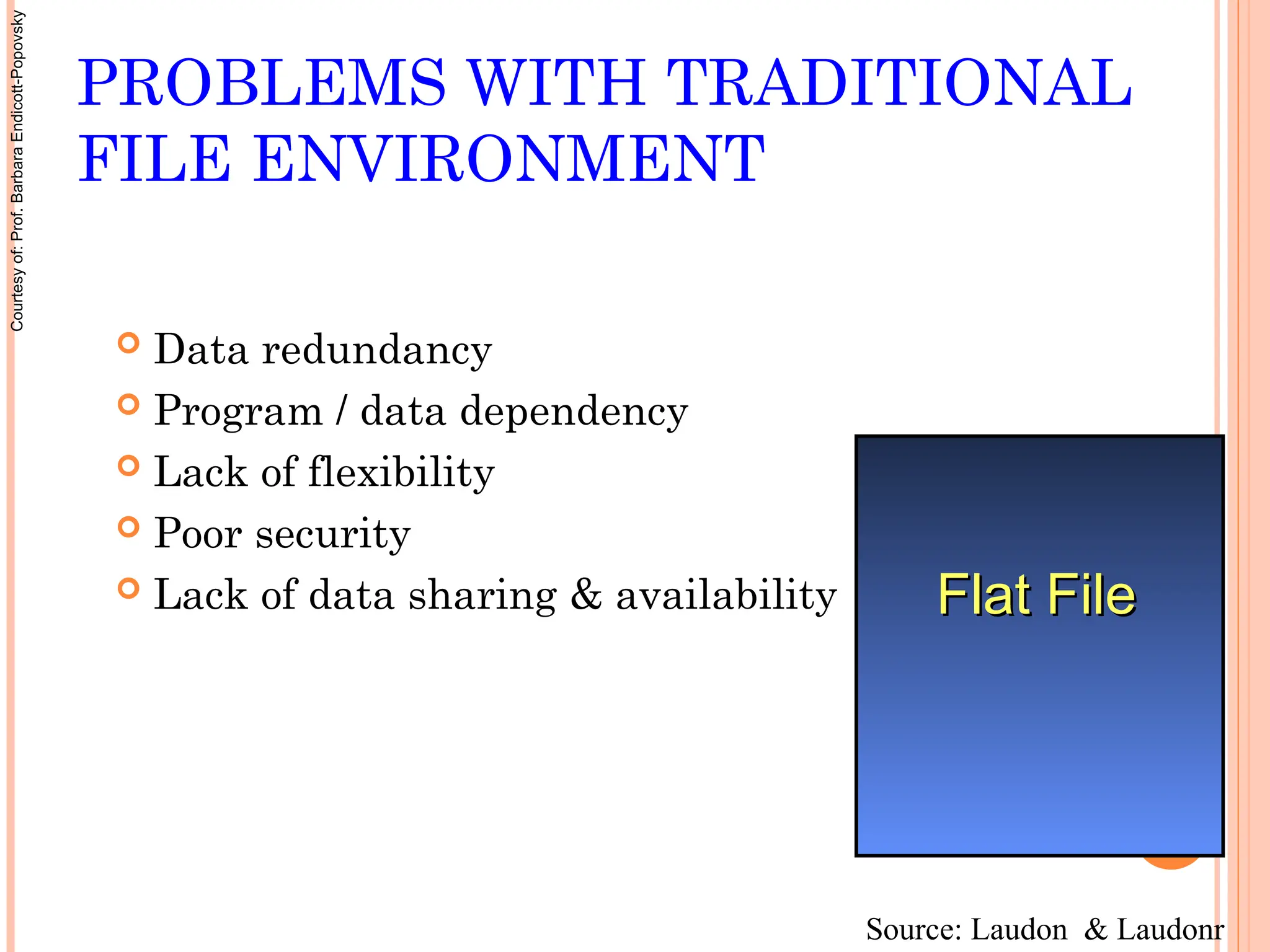  Data redundancy
 Program / data dependency
 Lack of flexibility
 Poor security
 Lack of data sharing & availability
PROBLEMS WITH TRADITIONAL
FILE ENVIRONMENT
Flat File
Flat File
Source: Laudon & Laudonr
Courtesy
of:
Prof.
Barbara
Endicott-Popovsky
 