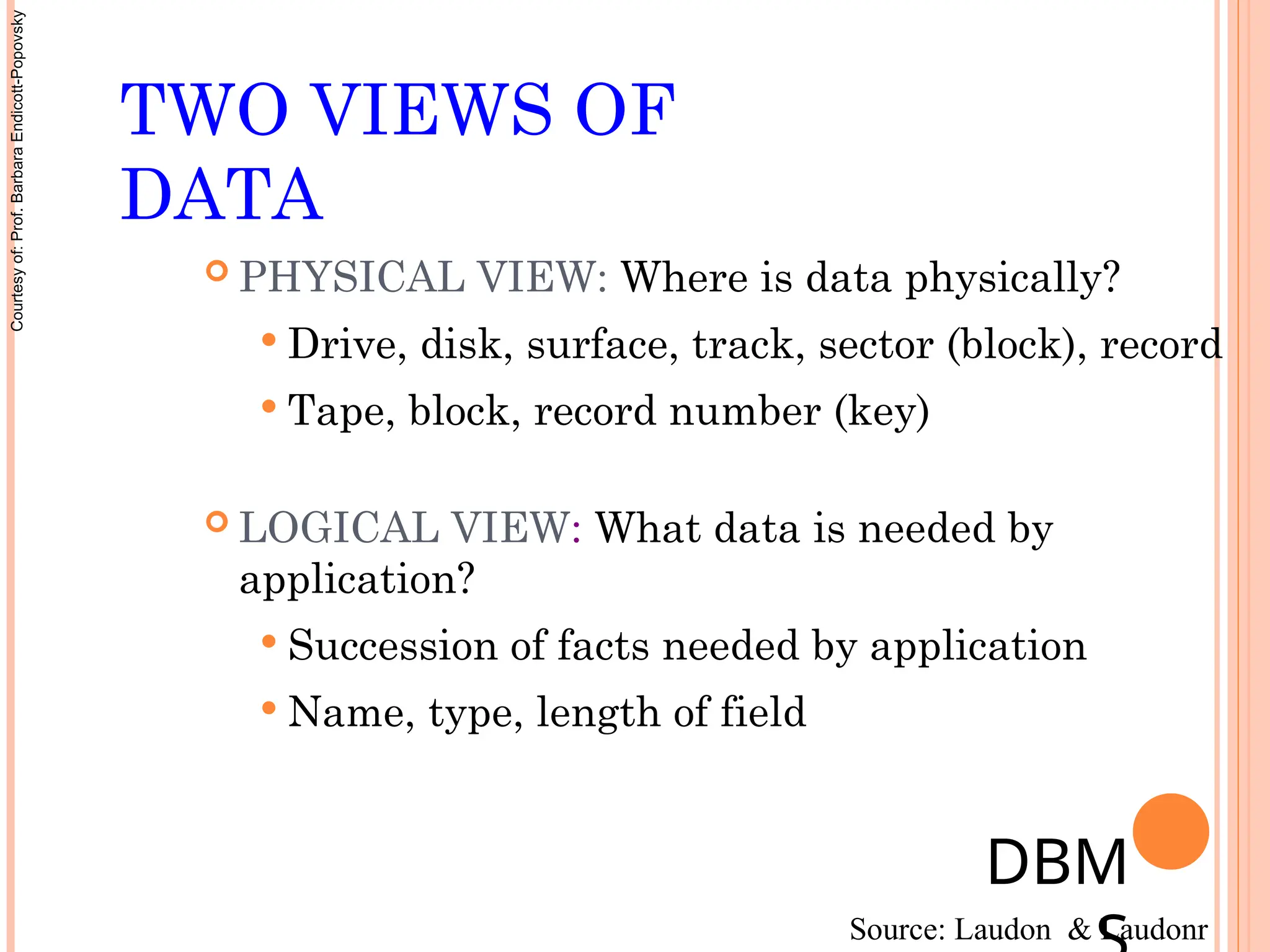 TWO VIEWS OF
DATA
 PHYSICAL VIEW: Where is data physically?
 Drive, disk, surface, track, sector (block), record
 Tape, block, record number (key)
 LOGICAL VIEW: What data is needed by
application?
 Succession of facts needed by application
 Name, type, length of field
DBM
Source: Laudon & Laudonr
Courtesy
of:
Prof.
Barbara
Endicott-Popovsky
 