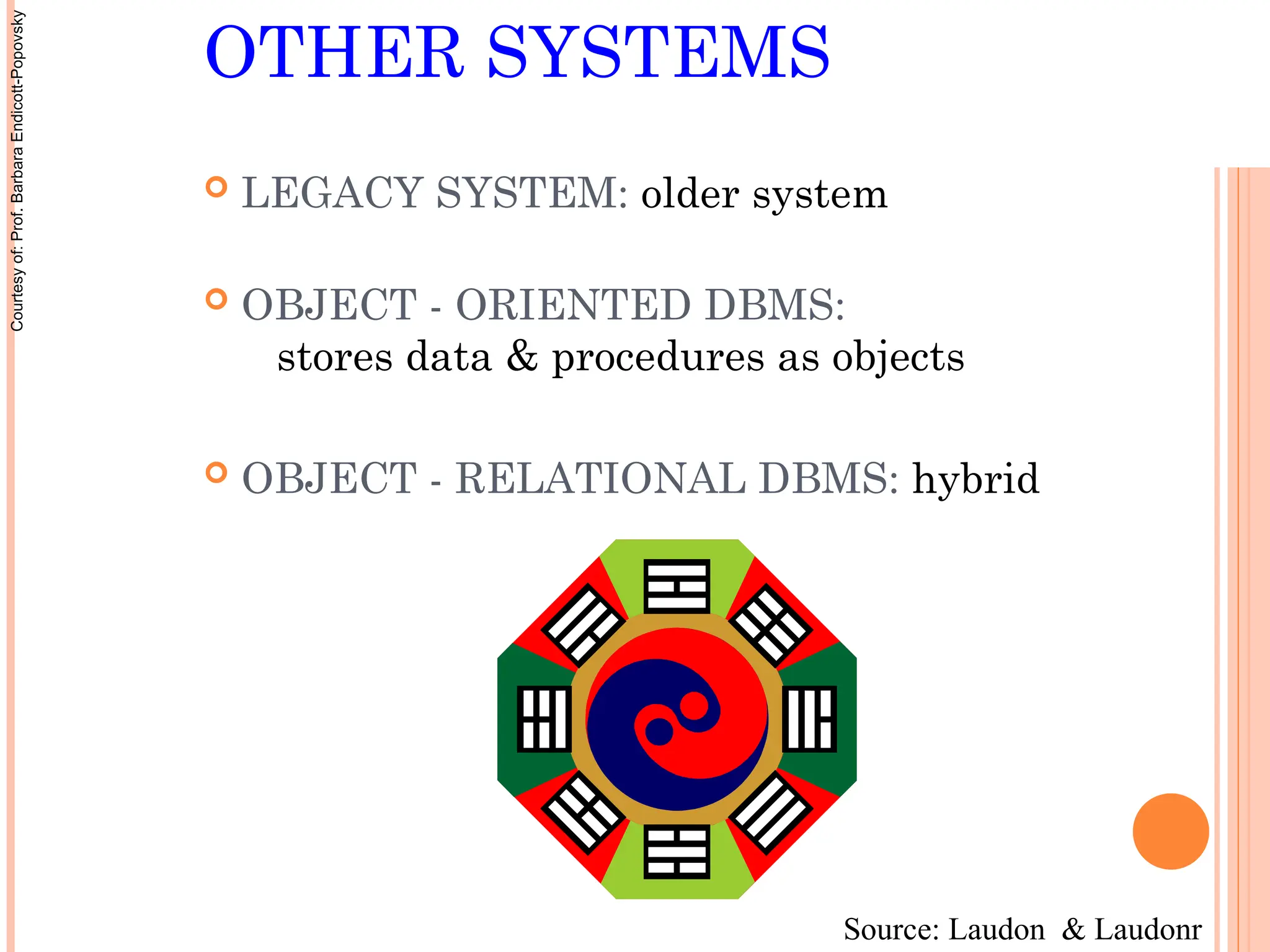 OTHER SYSTEMS
 LEGACY SYSTEM: older system
 OBJECT - ORIENTED DBMS:
stores data & procedures as objects
 OBJECT - RELATIONAL DBMS: hybrid
Source: Laudon & Laudonr
Courtesy
of:
Prof.
Barbara
Endicott-Popovsky
 