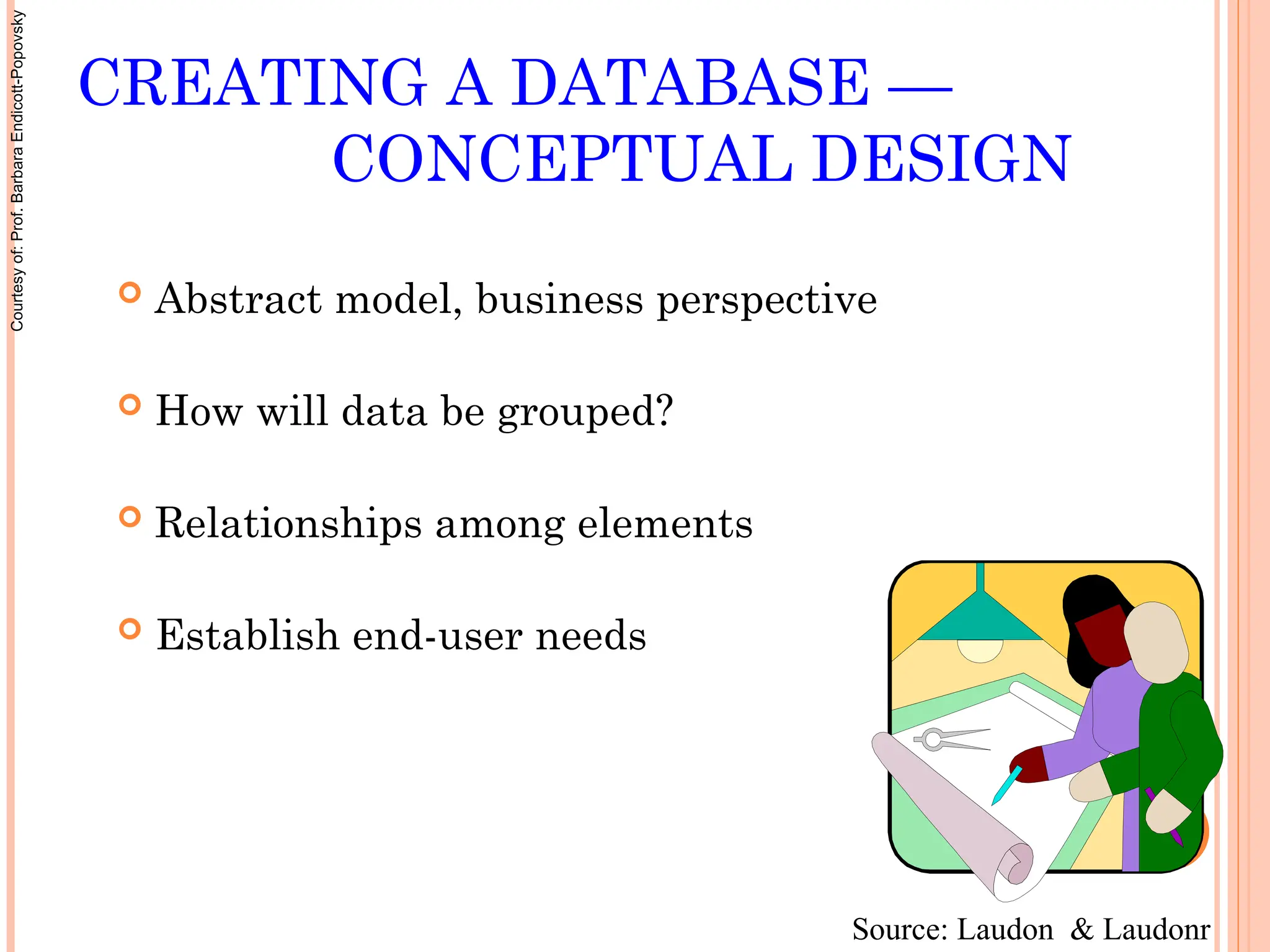 CREATING A DATABASE —
CONCEPTUAL DESIGN
 Abstract model, business perspective
 How will data be grouped?
 Relationships among elements
 Establish end-user needs
Source: Laudon & Laudonr
Courtesy
of:
Prof.
Barbara
Endicott-Popovsky
 