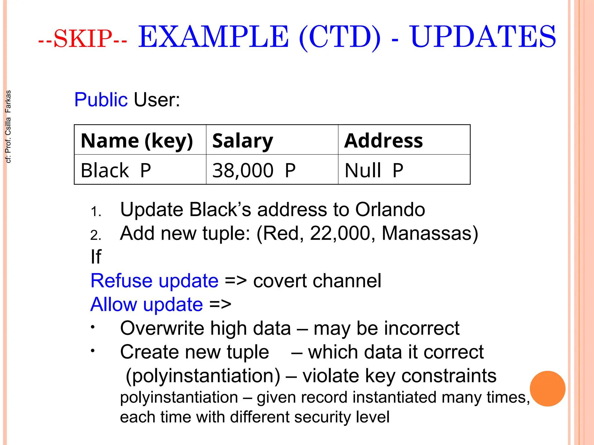 --SKIP-- EXAMPLE (CTD) - UPDATES
Public User:
Name (key) Salary Address
Black P 38,000 P Null P
1. Update Black’s address to Orlando
2. Add new tuple: (Red, 22,000, Manassas)
If
Refuse update => covert channel
Allow update =>
• Overwrite high data – may be incorrect
• Create new tuple – which data it correct
(polyinstantiation) – violate key constraints
polyinstantiation – given record instantiated many times,
each time with different security level
cf:
Prof.
Csilla
Farkas
 