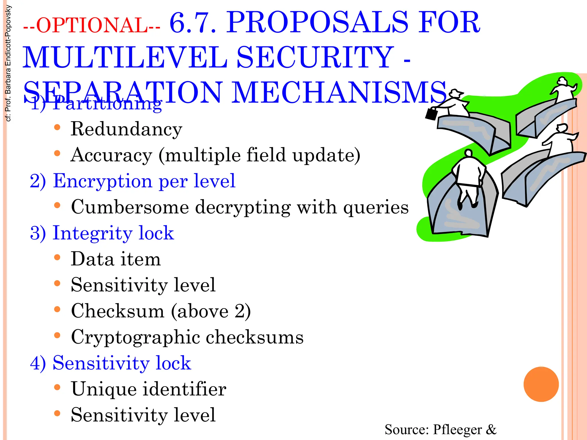 --OPTIONAL-- 6.7. PROPOSALS FOR
MULTILEVEL SECURITY -
SEPARATION MECHANISMS
1) Partitioning
 Redundancy
 Accuracy (multiple field update)
2) Encryption per level
 Cumbersome decrypting with queries
3) Integrity lock
 Data item
 Sensitivity level
 Checksum (above 2)
 Cryptographic checksums
4) Sensitivity lock
 Unique identifier
 Sensitivity level
Source: Pfleeger &
cf:
Prof.
Barbara
Endicott-Popovsky
 