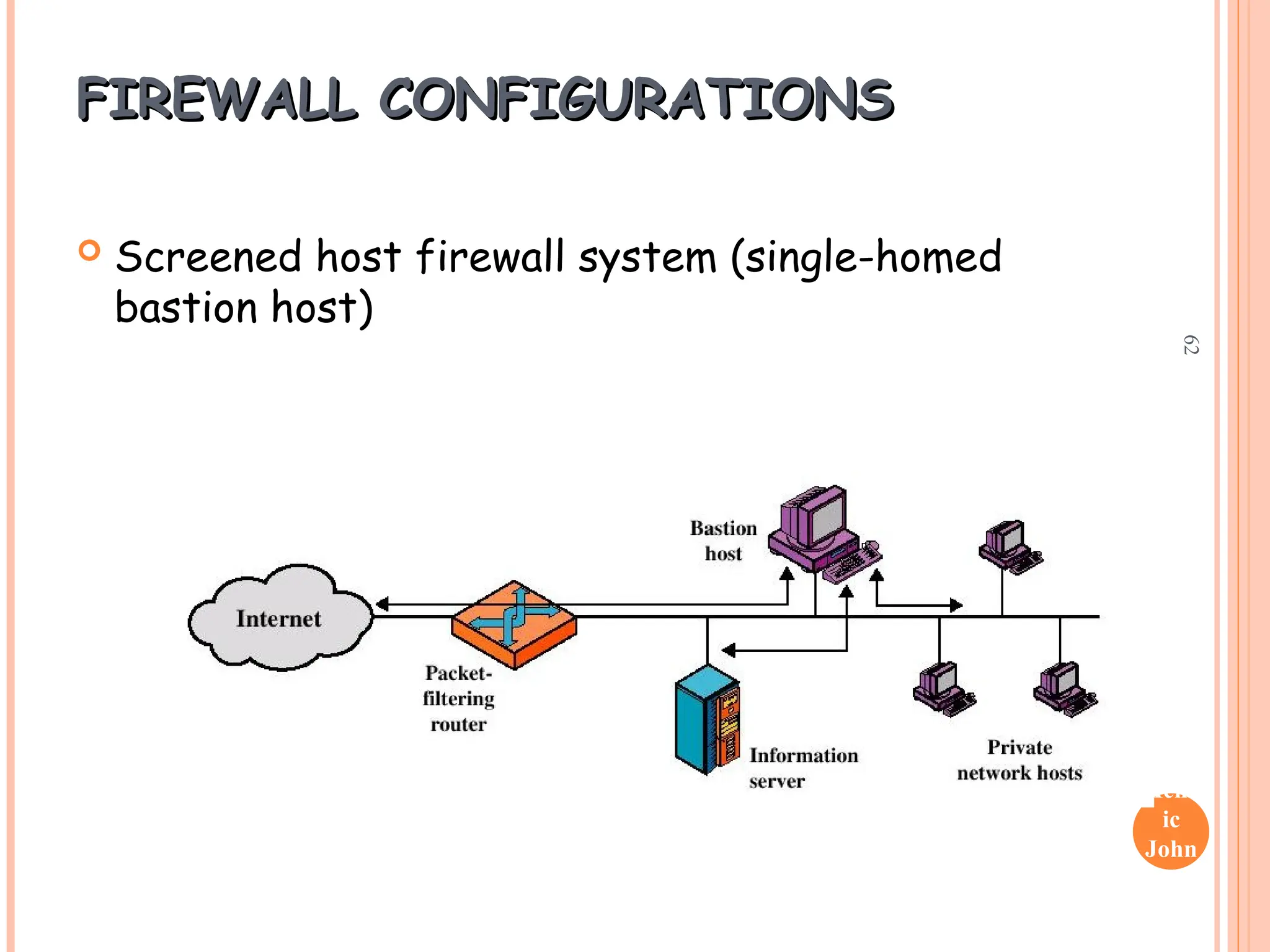 Henr
ic
John
son
62
FIREWALL CONFIGURATIONS
FIREWALL CONFIGURATIONS
 Screened host firewall system (single-homed
bastion host)
 
