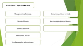 Challenges in Cooperative Farming
Management Inefficiencies
Member Disputes
Market Competition
Government Policies
Low Participation & Commitment
Corruption & Misuse of Funds
Dependence on External Support
 