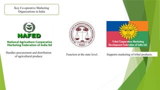 Key Co-operative Marketing
Organizations in India
Handles procurement and distribution
of agricultural produce
Function at the state level. Supports marketing of tribal products.
 