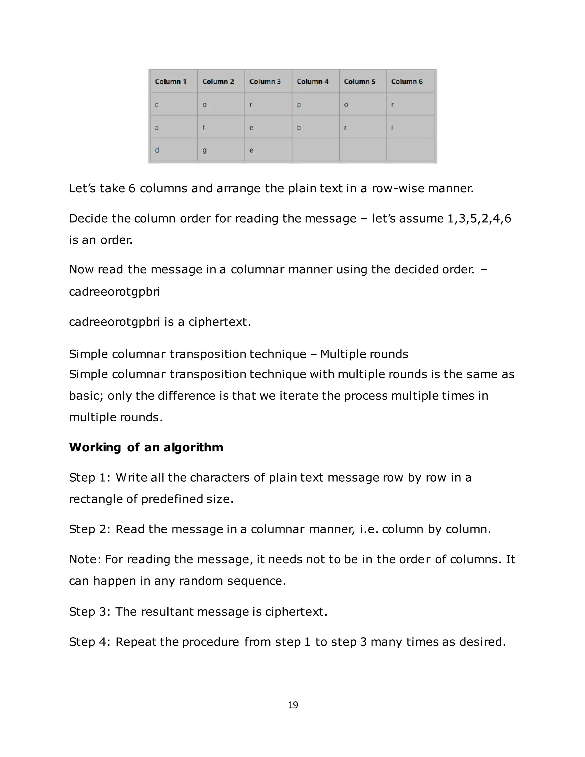 19
Let’s take 6 columns and arrange the plain text in a row-wise manner.
Decide the column order for reading the message – let’s assume 1,3,5,2,4,6
is an order.
Now read the message in a columnar manner using the decided order. –
cadreeorotgpbri
cadreeorotgpbri is a ciphertext.
Simple columnar transposition technique – Multiple rounds
Simple columnar transposition technique with multiple rounds is the same as
basic; only the difference is that we iterate the process multiple times in
multiple rounds.
Working of an algorithm
Step 1: Write all the characters of plain text message row by row in a
rectangle of predefined size.
Step 2: Read the message in a columnar manner, i.e. column by column.
Note: For reading the message, it needs not to be in the order of columns. It
can happen in any random sequence.
Step 3: The resultant message is ciphertext.
Step 4: Repeat the procedure from step 1 to step 3 many times as desired.
 