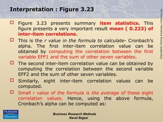 Copyright©
Dorling
Kindersley
India
Pvt
Ltd
Interpretation : Figure 3.23
 Figure 3.23 presents summary item statistics. This
figure presents a very important result mean ( 0.223) of
inter-item correlations.
 This is the r value in the formula to calculate- Cronbach’s
alpha. The first inter-item correlation value can be
obtained by computing the correlation between the first
variable EFF1 and the sum of other seven variables.
 The second inter-item correlation value can be obtained by
computing the correlation between the second variable
EFF2 and the sum of other seven variables.
 Similarly, eight inter-item correlation values can be
computed.
 Small r value of the formula is the average of these eight
correlation values. Hence, using the above formula,
Cronbach’s alpha can be computed as:
Business Research Methods
Naval Bajpai
 