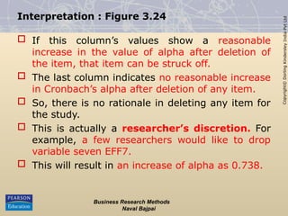 Copyright©
Dorling
Kindersley
India
Pvt
Ltd
Interpretation : Figure 3.24
 If this column’s values show a reasonable
increase in the value of alpha after deletion of
the item, that item can be struck off.
 The last column indicates no reasonable increase
in Cronbach’s alpha after deletion of any item.
 So, there is no rationale in deleting any item for
the study.
 This is actually a researcher’s discretion. For
example, a few researchers would like to drop
variable seven EFF7.
 This will result in an increase of alpha as 0.738.
Business Research Methods
Naval Bajpai
 