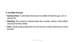 Er Saurav Kumar Thakur 23
3. Crucible Furnace
• Construction: A refractory-lined pot (crucible) heated by gas, oil, or
electricity.
• Working: The metal is melted inside the crucible, which is then lifted
and poured into molds.
• Uses: Small-scale production of non-ferrous metals (aluminum, brass,
bronze)
 
