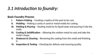 Er Saurav Kumar Thakur 3
3.1 Introduction to foundry:
Basic Foundry Process
I. Pattern Making – Creating a replica of the part to be cast.
II. Molding – Making a cavity in sand or metal molds for casting.
III. Melting & Pouring – Heating metal to its liquid state and pouring it into the
mold.
IV. Cooling & Solidification – Allowing the molten metal to cool and take the
mold’s shape.
V. Shakeout & Cleaning – Removing the casting from the mold and finishing
it.
VI. Inspection & Testing – Checking for defects and ensuring quality.
 