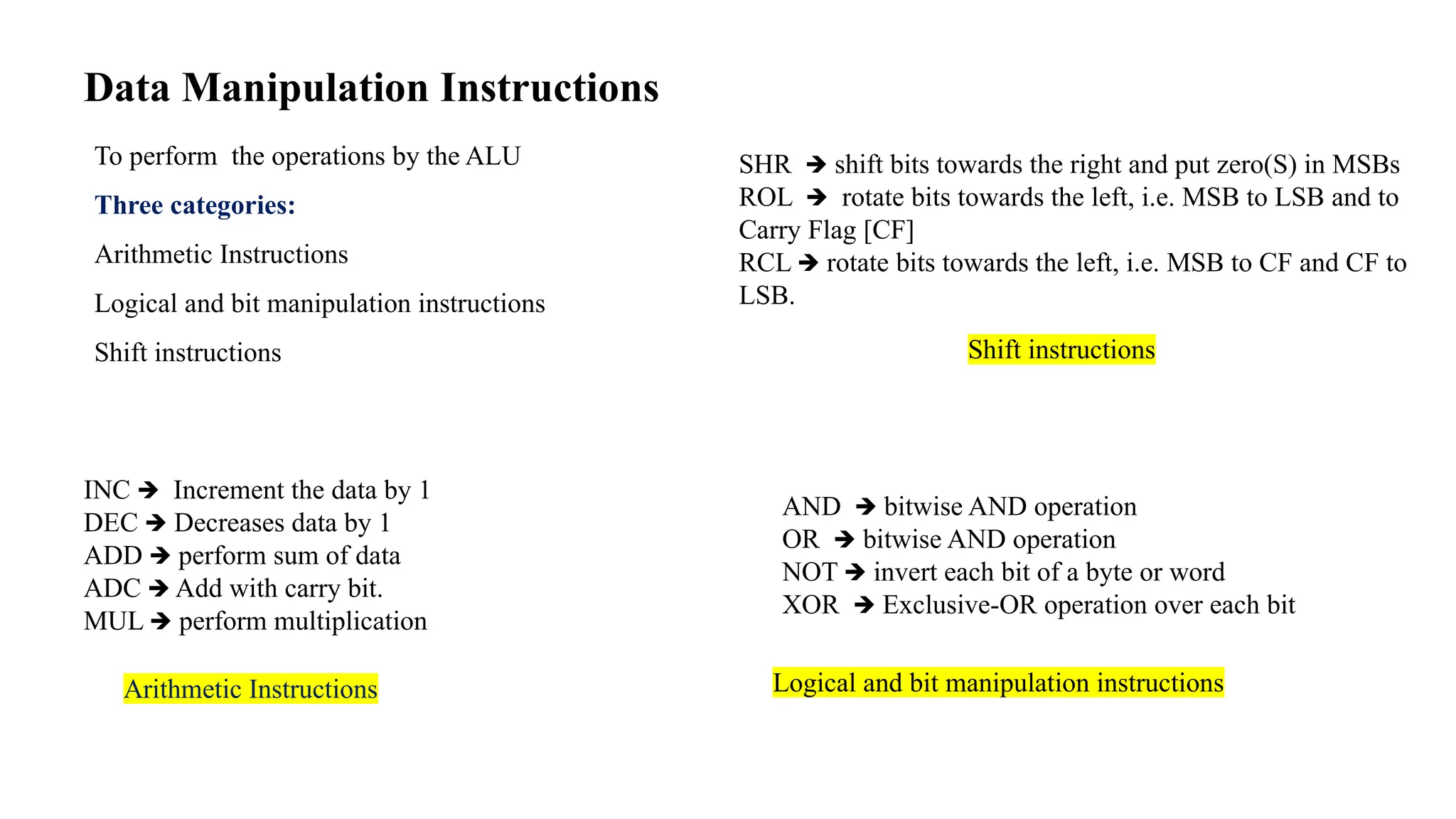 Data Manipulation Instructions To perform the operations by the ALU Three categories: Arithmetic Instructions Logical and bit manipulation instructions Shift instructions INC Increment the data by 1 🡺 DEC Decreases data by 1 🡺 ADD perform sum of data 🡺 ADC Add with carry bit. 🡺 MUL perform multiplication 🡺 AND bitwise AND operation 🡺 OR bitwise AND operation 🡺 NOT invert each bit of a byte or word 🡺 XOR Exclusive-OR operation over each bit 🡺 SHR shift bits towards the right and put zero(S) in MSBs 🡺 ROL rotate bits towards the left, i.e. MSB to LSB and to 🡺 Carry Flag [CF] RCL rotate bits towards the left, i.e. MSB to CF and CF to 🡺 LSB. Arithmetic Instructions Logical and bit manipulation instructions Shift instructions 