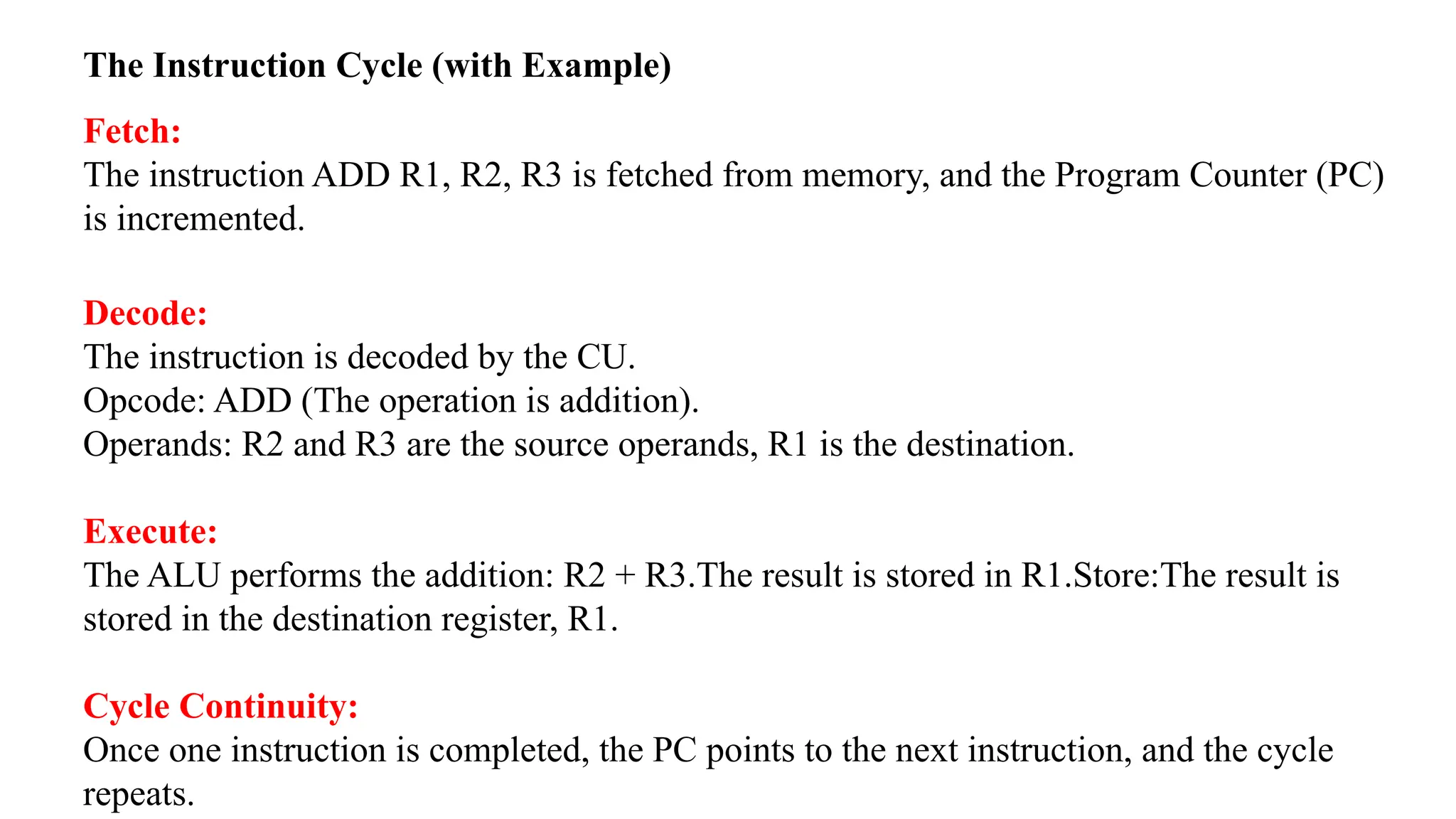The Instruction Cycle (with Example) Fetch: The instruction ADD R1, R2, R3 is fetched from memory, and the Program Counter (PC) is incremented. Decode: The instruction is decoded by the CU. Opcode: ADD (The operation is addition). Operands: R2 and R3 are the source operands, R1 is the destination. Execute: The ALU performs the addition: R2 + R3.The result is stored in R1.Store:The result is stored in the destination register, R1. Cycle Continuity: Once one instruction is completed, the PC points to the next instruction, and the cycle repeats. 