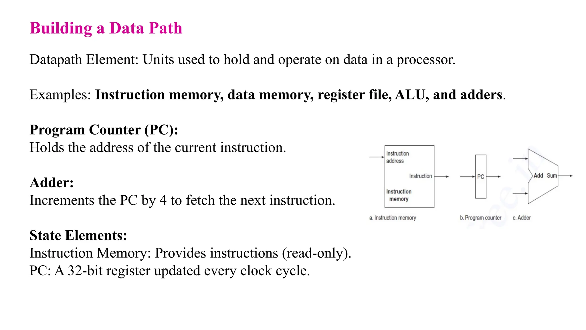 Building a Data Path Datapath Element: Units used to hold and operate on data in a processor. Examples: Instruction memory, data memory, register file, ALU, and adders. Program Counter (PC): Holds the address of the current instruction. Adder: Increments the PC by 4 to fetch the next instruction. State Elements: Instruction Memory: Provides instructions (read-only). PC: A 32-bit register updated every clock cycle. 