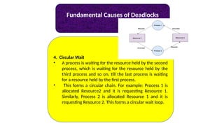 Fundamental Causes of Deadlocks
4. Circular Wait
• A process is waiting for the resource held by the second
process, which is waiting for the resource held by the
third process and so on, till the last process is waiting
for a resource held by the first process.
• This forms a circular chain. For example: Process 1 is
allocated Resource2 and it is requesting Resource 1.
Similarly, Process 2 is allocated Resource 1 and it is
requesting Resource 2. This forms a circular wait loop.
 