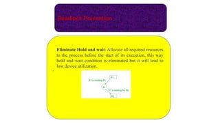 Deadlock Prevention
.
Eliminate Hold and wait: Allocate all required resources
to the process before the start of its execution, this way
hold and wait condition is eliminated but it will lead to
low device utilization.
 