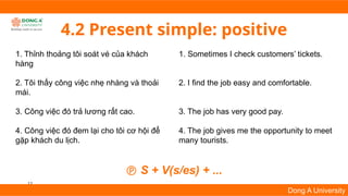 12
Dong A University
4.2 Present simple: positive
1. Thỉnh thoảng tôi soát vé của khách
hàng
2. Tôi thấy công việc nhẹ nhàng và thoải
mái.
3. Công việc đó trả lương rất cao.
4. Công việc đó đem lại cho tôi cơ hội để
gặp khách du lịch.
1. Sometimes I check customers’ tickets.
2. I find the job easy and comfortable.
3. The job has very good pay.
4. The job gives me the opportunity to meet
many tourists.
 S + V(s/es) + ...
 