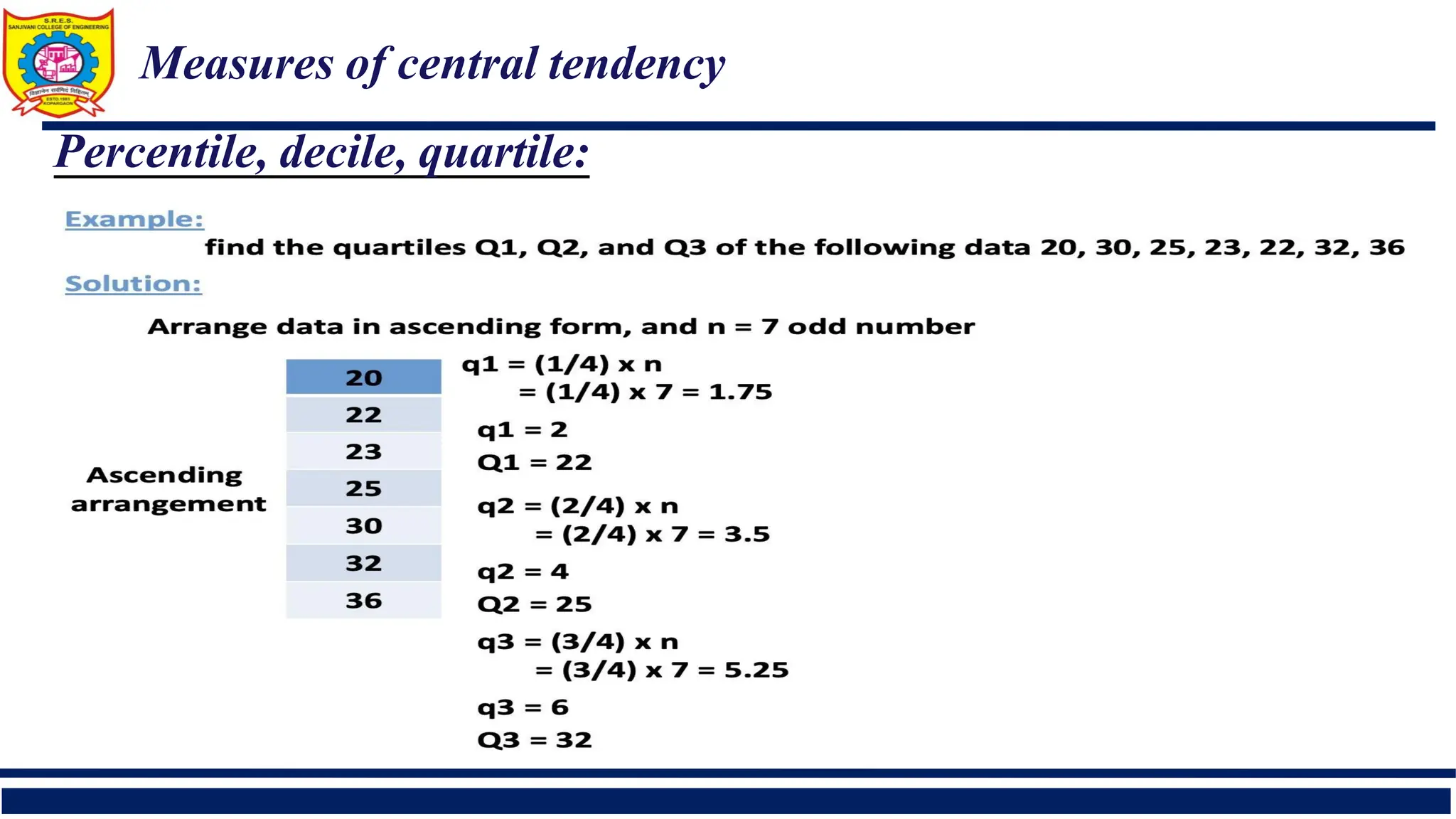 Measures of central tendency
Percentile, decile, quartile:
 
